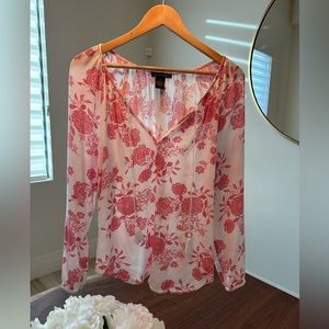 Chelsea and Theodore Long Sleeve Lightweight Top, Pink and White Floral, Size M